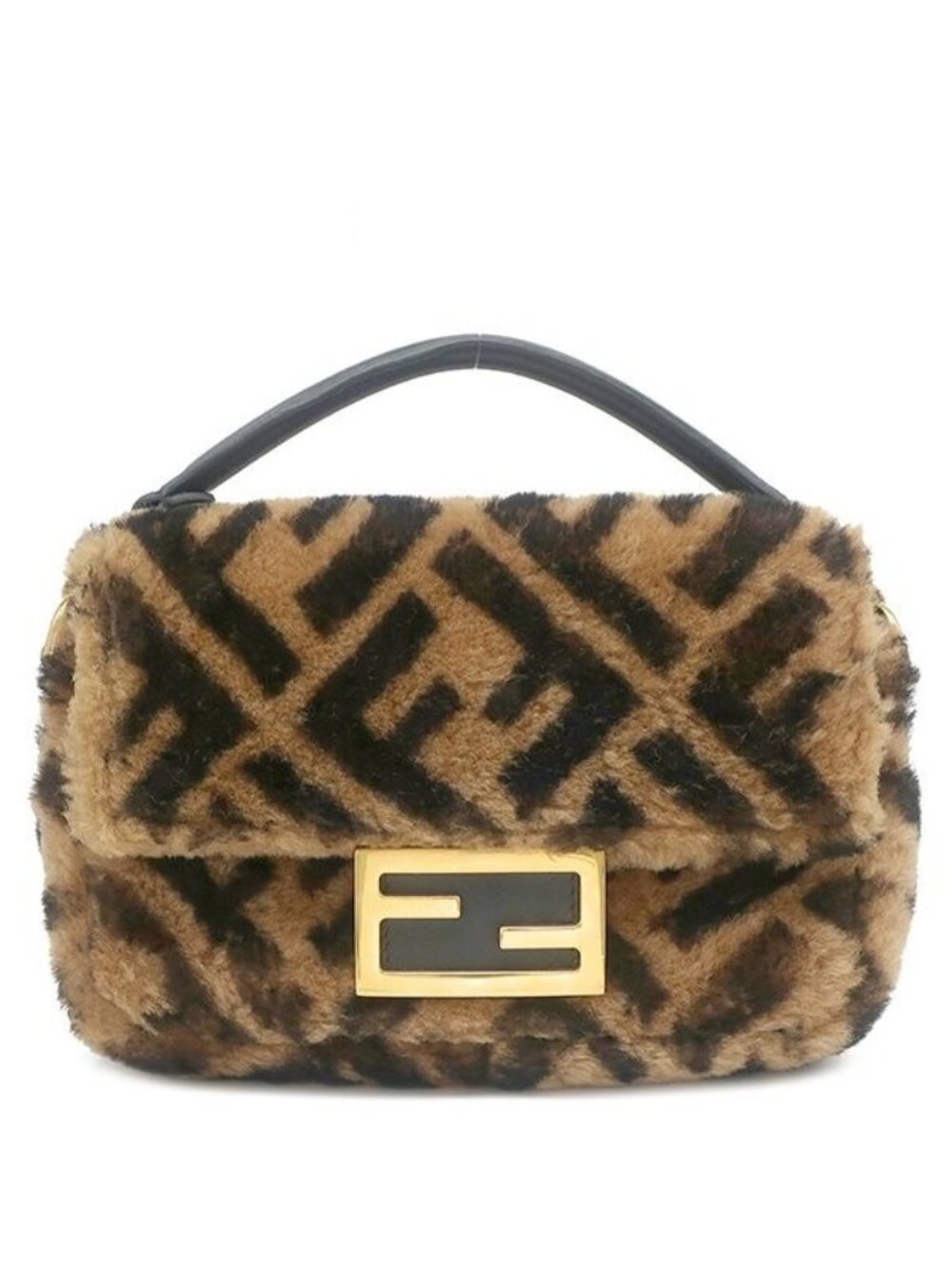 Fendi 2-Way Mini Baguette Fur Leather Brown Gold Zucca Pattern Chain Shoulder